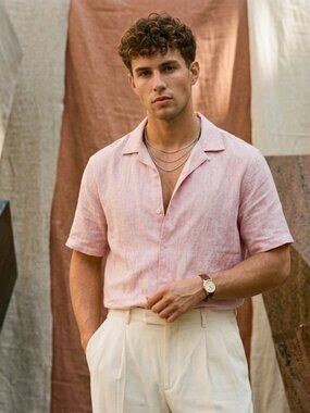 Soul of London Mens Pink Linen Blend Short Sleeve Button Up Shirt Size Large L